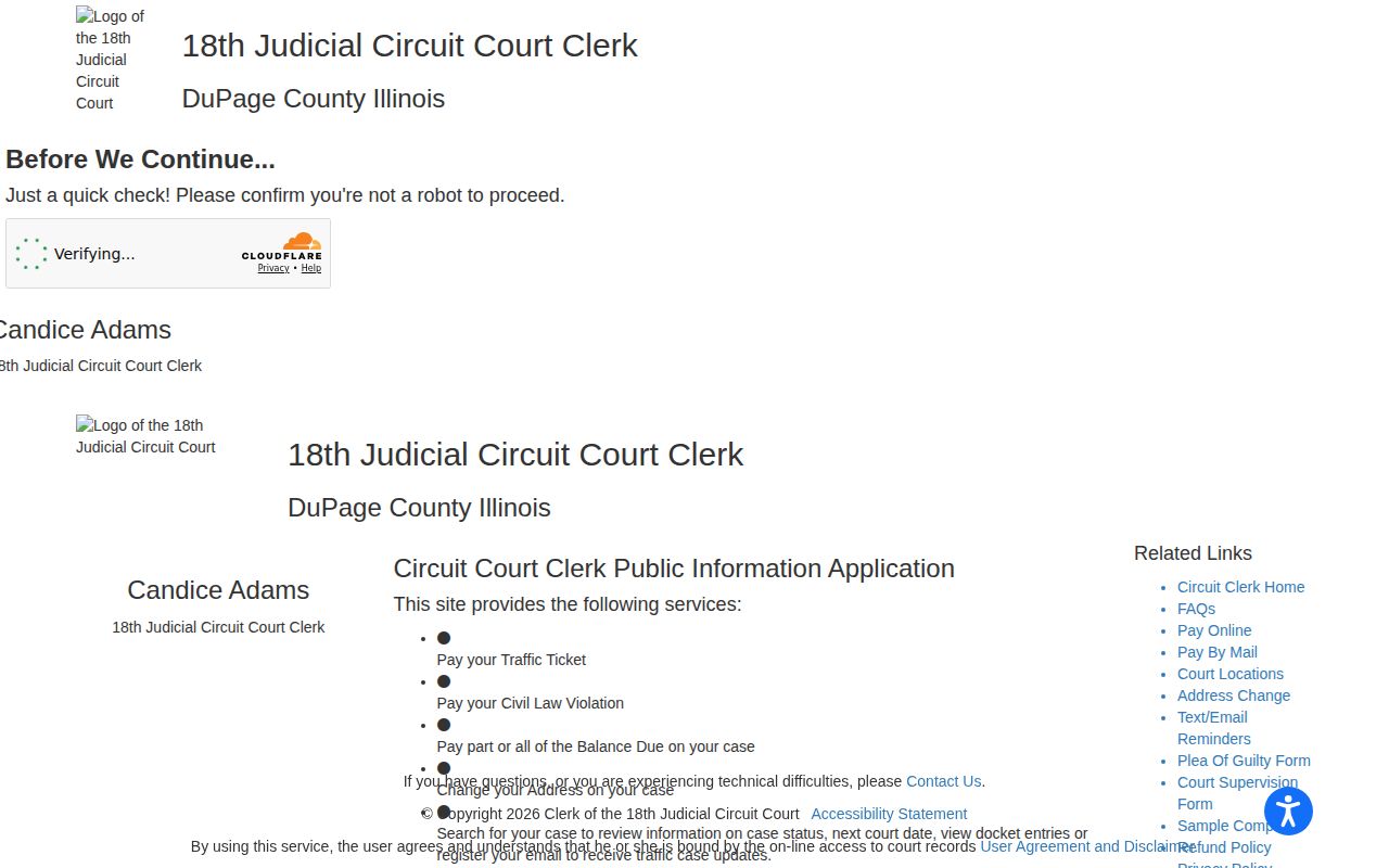 DuPage County Circuit Clerk case search interface for an arrest-related docket