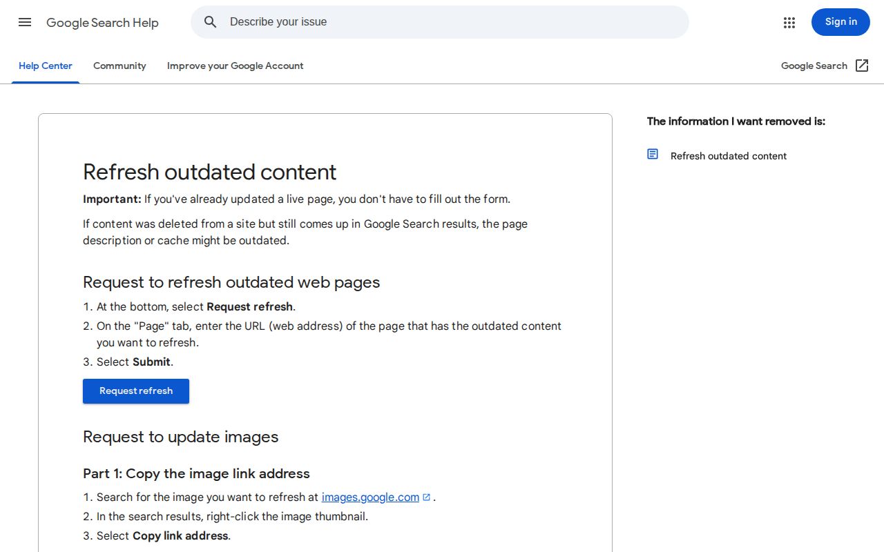 Google Refresh outdated content instructions for an updated DuPage arrest record